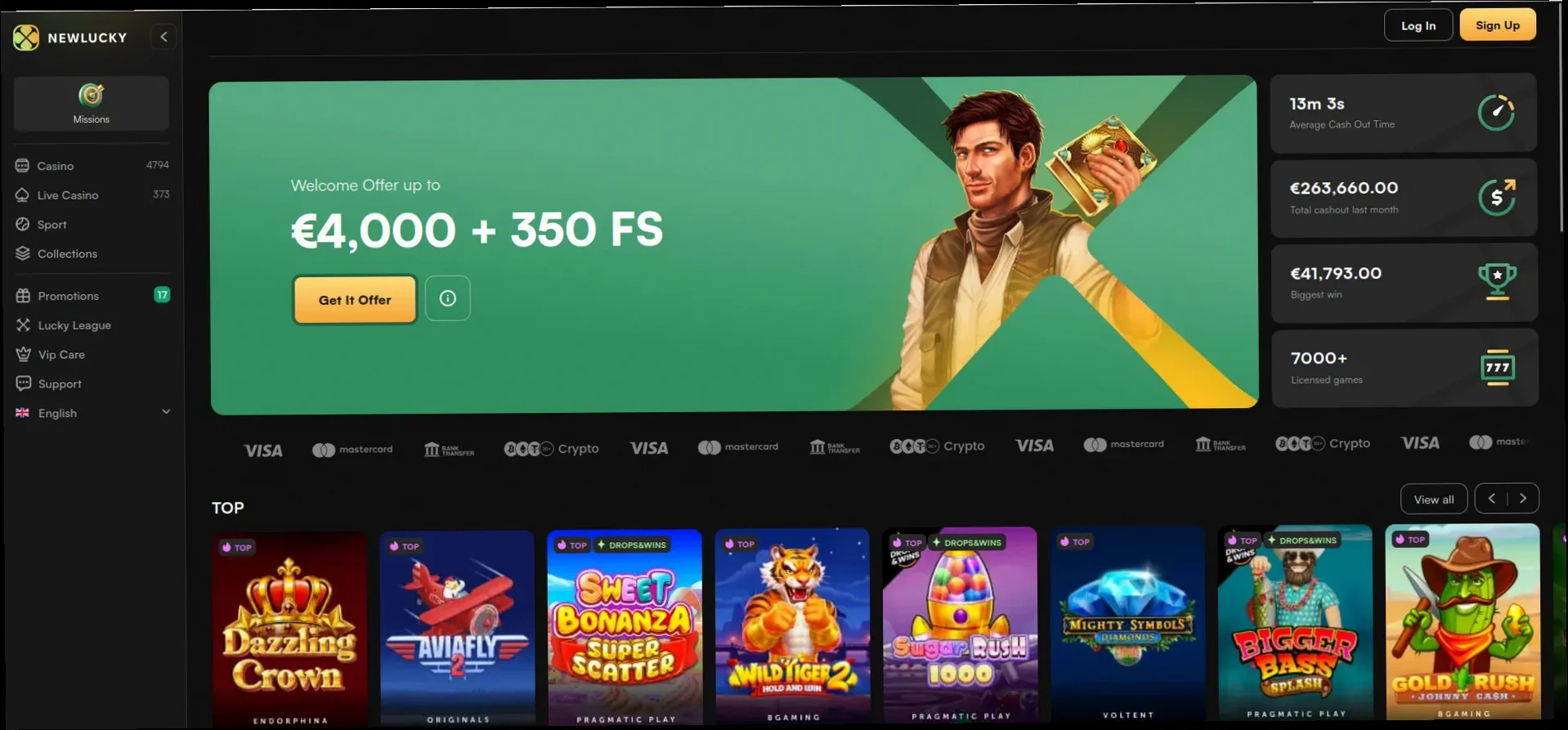 Newlucky Casino - 100% tot €200 + 100 Gratis Spins